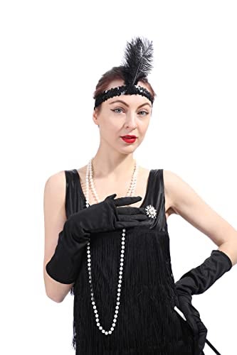 Leadtex Women's 1920s Fringed Flapper Dresses Costume Dress with Feather Headband,Beaded Necklace Black 6-8 - Image 2
