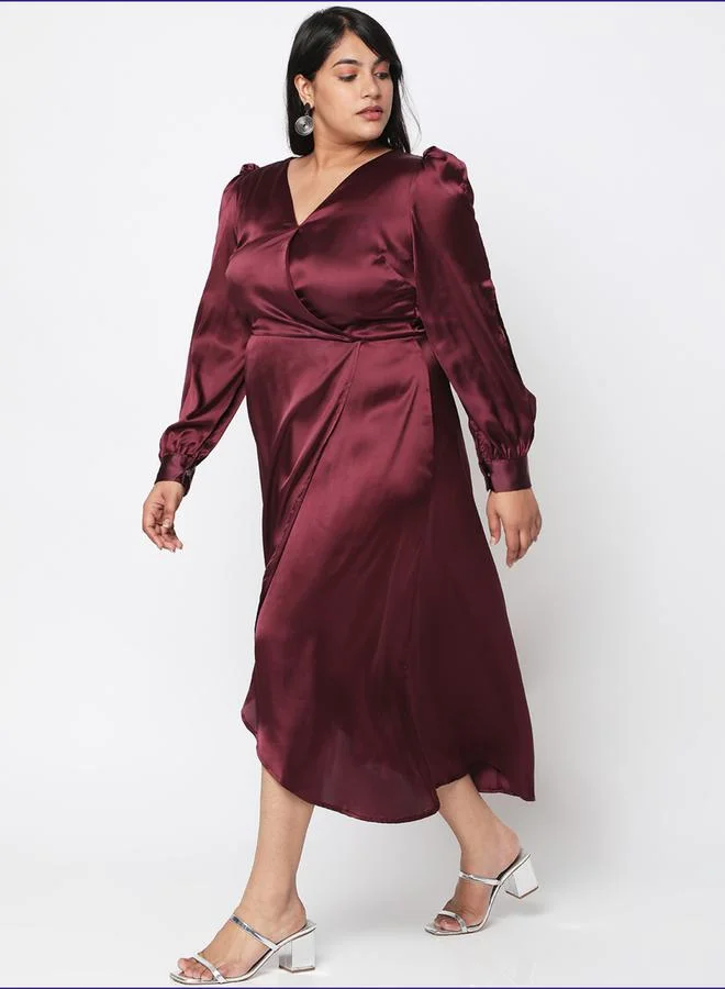 Mish Mish Plus Size Satin Wrap Front Midi Dress with Tulip Hem