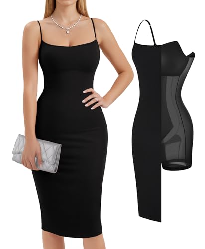 Popilush Shapewear Dress Bodycon Midi Dress Built-in Bra Summer Casual Tummy Control Slip Dress with Adjustable Straps Black - Image 1