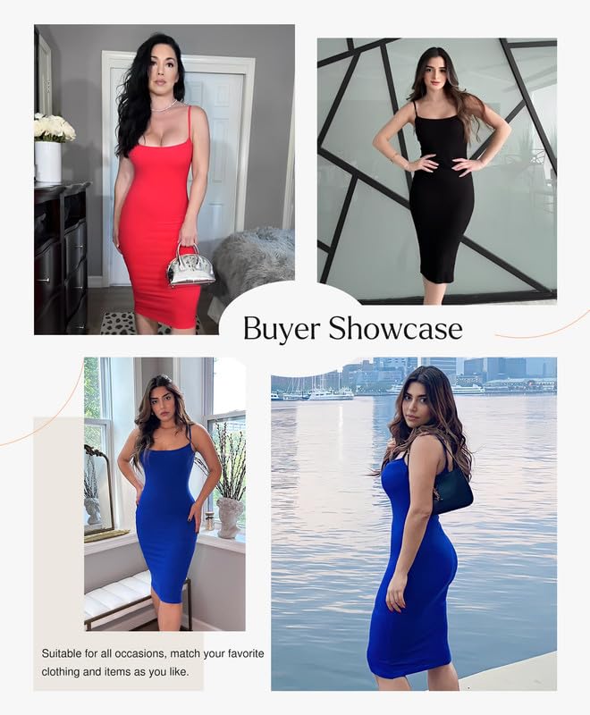 Popilush Shapewear Dress Bodycon Midi Dress Built-in Bra Summer Casual Tummy Control Slip Dress with Adjustable Straps Black - Image 2