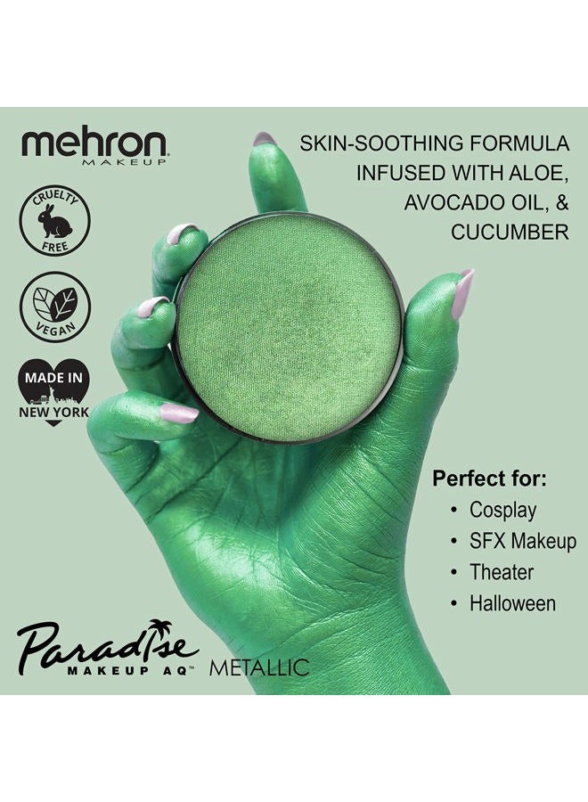 mehron Makeup Paradise Makeup AQ Pro Size | Stage & Screen, Face & Body Painting, Special FX, Beauty, Cosplay, and Halloween | Water Activated Face Paint & Body Paint 1.4 oz (40 g) (Metallic Green) - Image 2