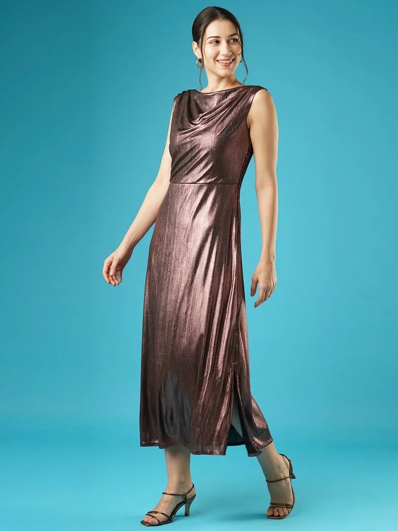 globus Globus Women Shiny Cowl Neck Side Slit Knitted A-Line Midi Party Dress