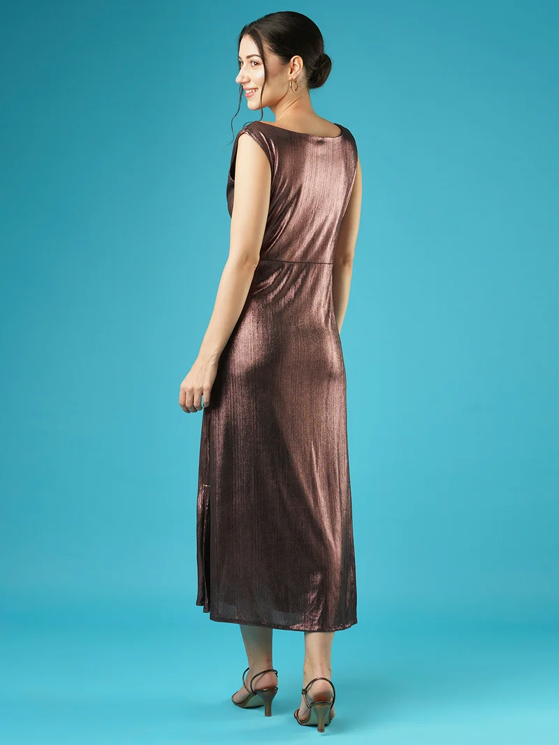 globus Globus Women Shiny Cowl Neck Side Slit Knitted A-Line Midi Party Dress