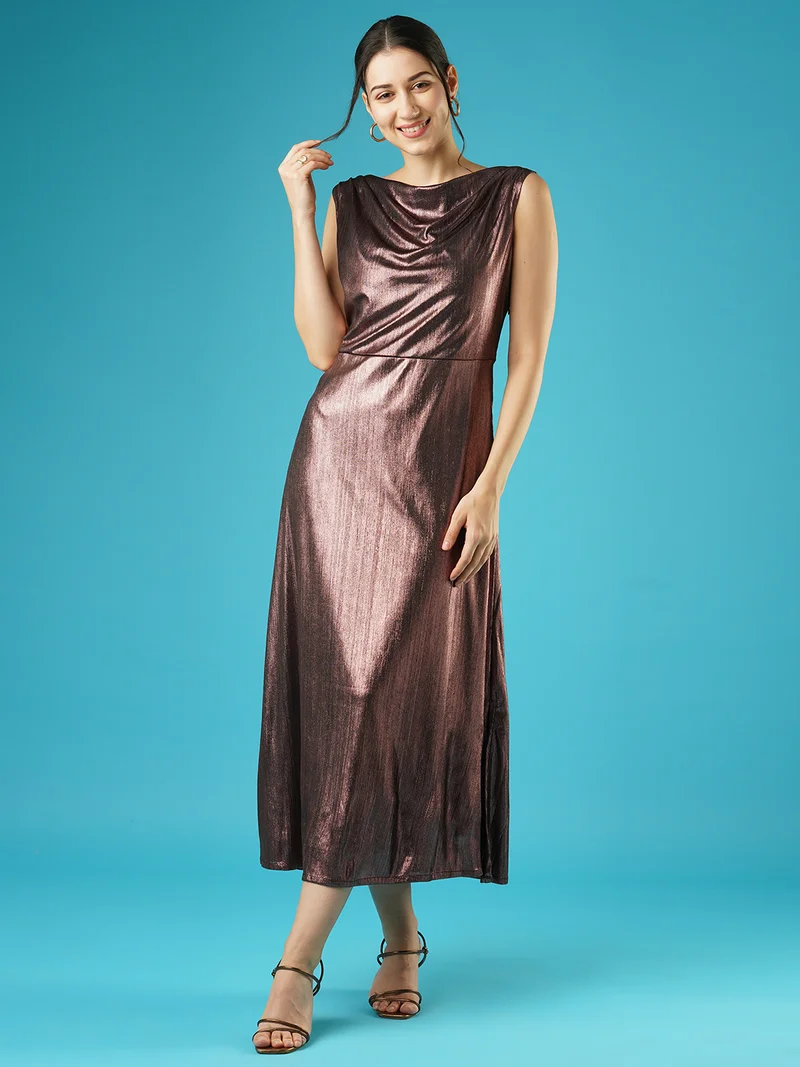 جلو باص فستان سهرة ميدي محبوك بياقة متدلية لامعة وفتحة جانبية من جلوبس للنساء