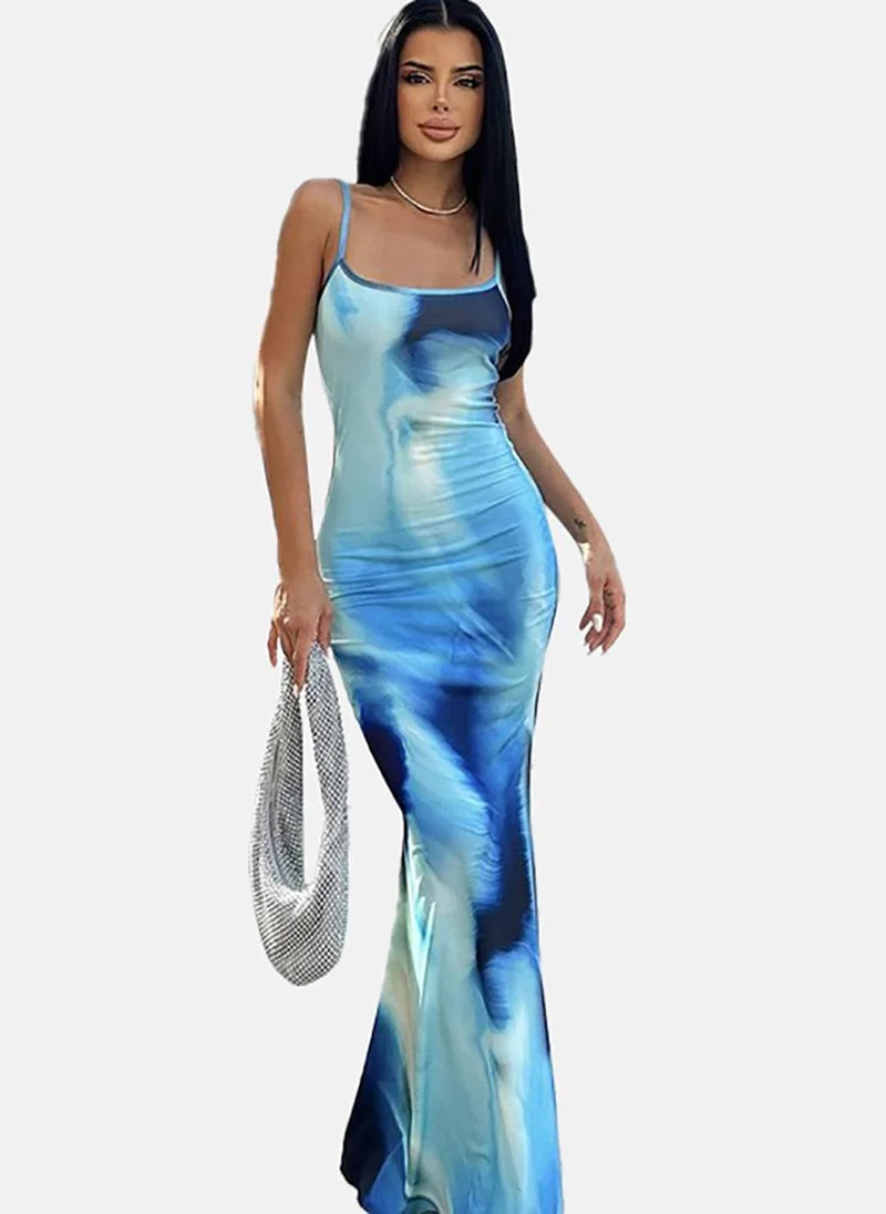 YUNIQEE Blue Tie & Dye Shoulder Straps Maxi Dress