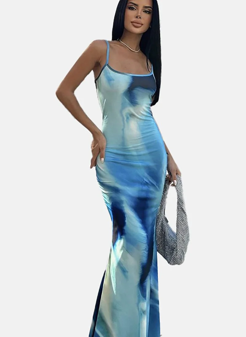YUNIQEE Blue Tie & Dye Shoulder Straps Maxi Dress