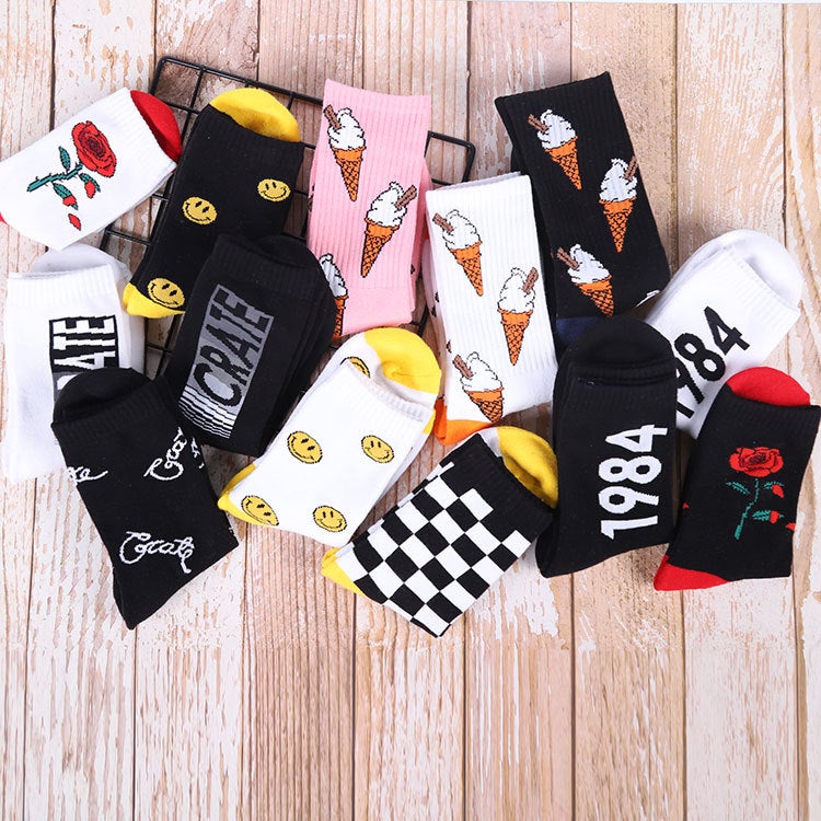 New Rose Ice Cream Skateboard Socks, Terry Sports Socks For Women, Casual Thickened Mid-Calf Comfortable Versatile Towel Socks - Image 4