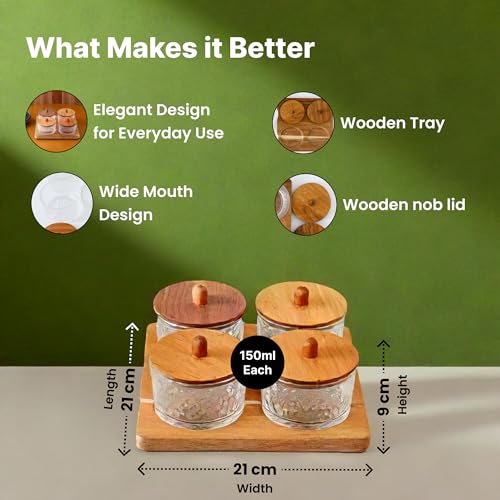 UMAI Platters Serving Set For Snacks With Wooden Tray & 4 Jars (160ml each) | Diwali Gift | Premium Soda Lime Glass | Snacks Serving Bowls | Serving Tray With Bowls (Design 2) - Image 3