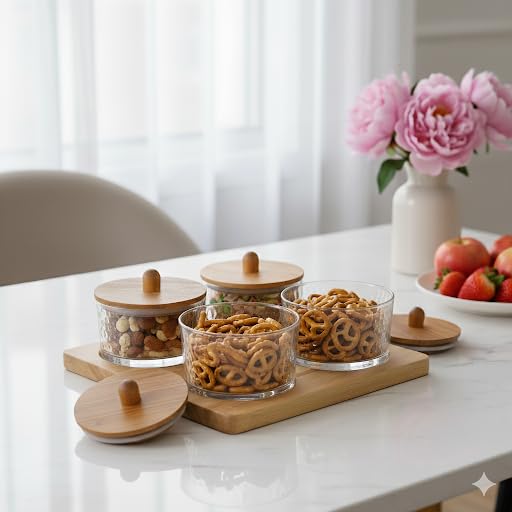 UMAI Platters Serving Set For Snacks With Wooden Tray & 4 Jars (160ml each) | Diwali Gift | Premium Soda Lime Glass | Snacks Serving Bowls | Serving Tray With Bowls (Design 2) - Image 1
