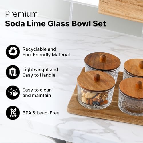 UMAI Platters Serving Set For Snacks With Wooden Tray & 4 Jars (160ml each) | Diwali Gift | Premium Soda Lime Glass | Snacks Serving Bowls | Serving Tray With Bowls (Design 2) - Image 2