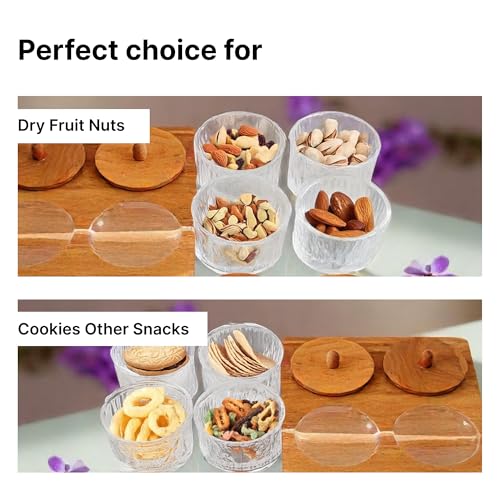 UMAI Platters Serving Set For Snacks With Wooden Tray & 4 Jars (160ml each) | Diwali Gift | Premium Soda Lime Glass | Snacks Serving Bowls | Serving Tray With Bowls (Design 2) - Image 4