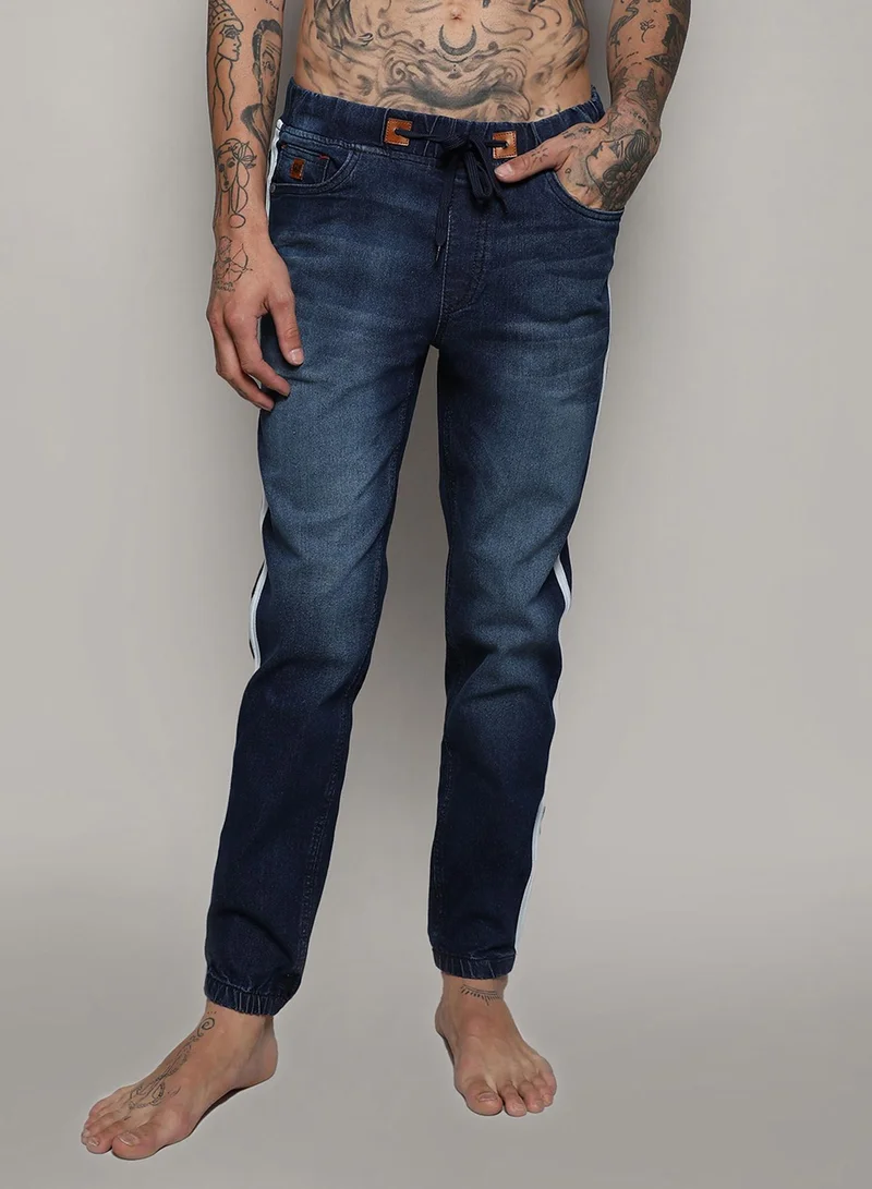 Campus Sutra Men's Classic Navy Blue Side-Striped Dark-Wash Denim Jeans | Skinny Fit Stretchable Cotton Mid-Rise Drawstring Denim Jeans Crafted With Comfort Fit For Everyday Wear