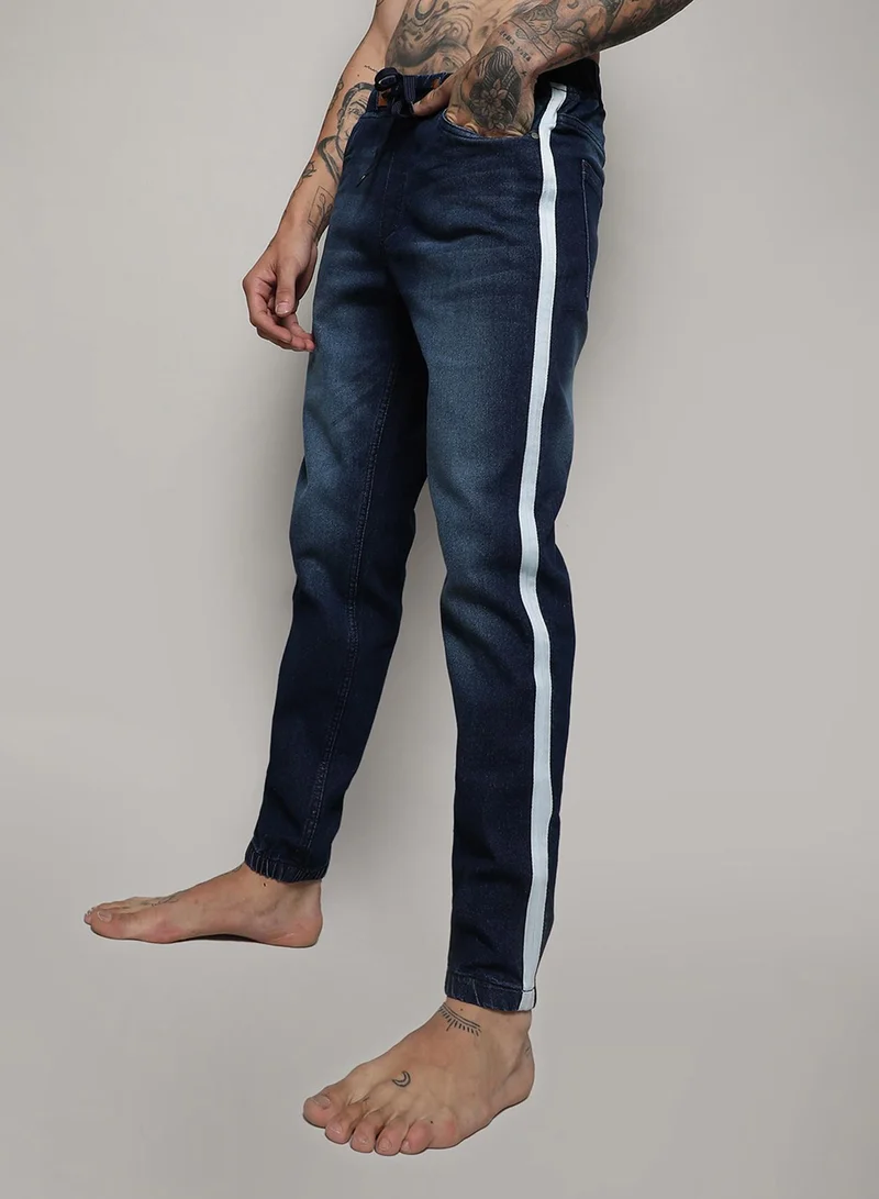 Campus Sutra Men's Classic Navy Blue Side-Striped Dark-Wash Denim Jeans | Skinny Fit Stretchable Cotton Mid-Rise Drawstring Denim Jeans Crafted With Comfort Fit For Everyday Wear