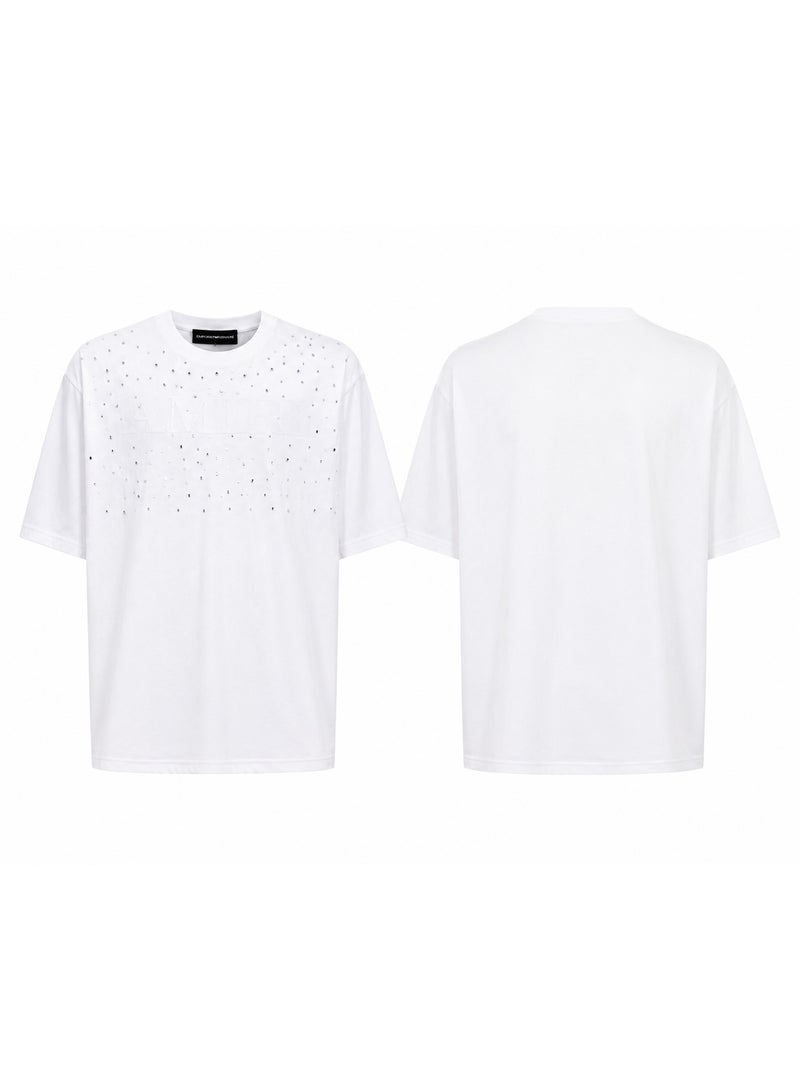 Oversized Rhinestone Detail T-Shirt for Men - White - Image 3