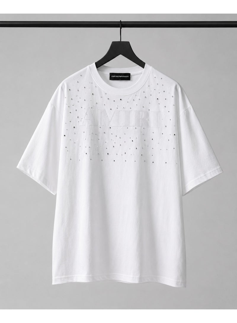 Oversized Rhinestone Detail T-Shirt for Men - White - Image 2