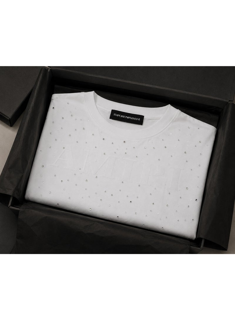 Oversized Rhinestone Detail T-Shirt for Men - White - Image 4