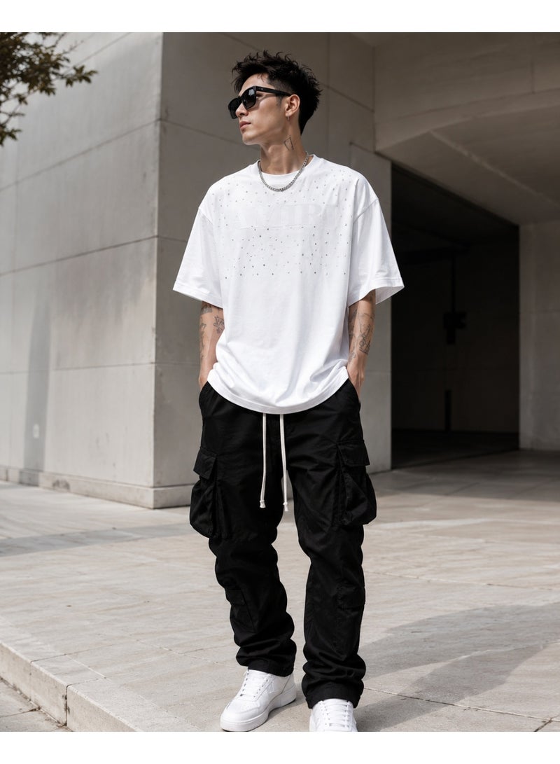Oversized Rhinestone Detail T-Shirt for Men - White - Image 1