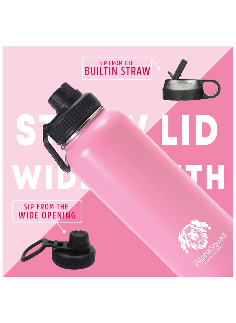 AlphaSquad - 40Oz / 1200Ml Vacuum Insulated Flask, Double Walled Thermolab Series Stainless Steel Sports Water Bottle With Straw Lid, 2 Lids Included, Hot Cold Thermos, Sports Bottle (Pink) - Image 1