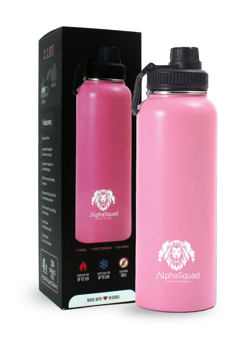 AlphaSquad - 40Oz / 1200Ml Vacuum Insulated Flask, Double Walled Thermolab Series Stainless Steel Sports Water Bottle With Straw Lid, 2 Lids Included, Hot Cold Thermos, Sports Bottle (Pink) - Image 1