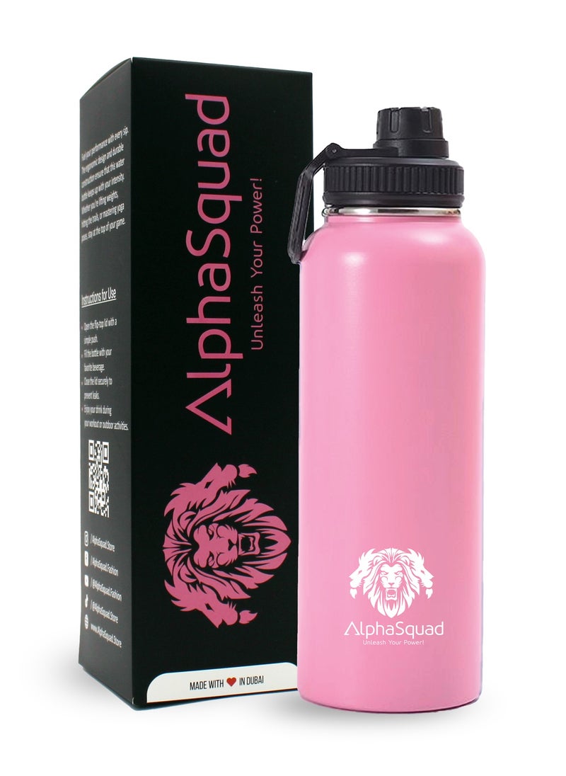 AlphaSquad - 40Oz / 1200Ml Vacuum Insulated Flask, Double Walled Thermolab Series Stainless Steel Sports Water Bottle With Straw Lid, 2 Lids Included, Hot Cold Thermos, Sports Bottle (Pink) - Image 1