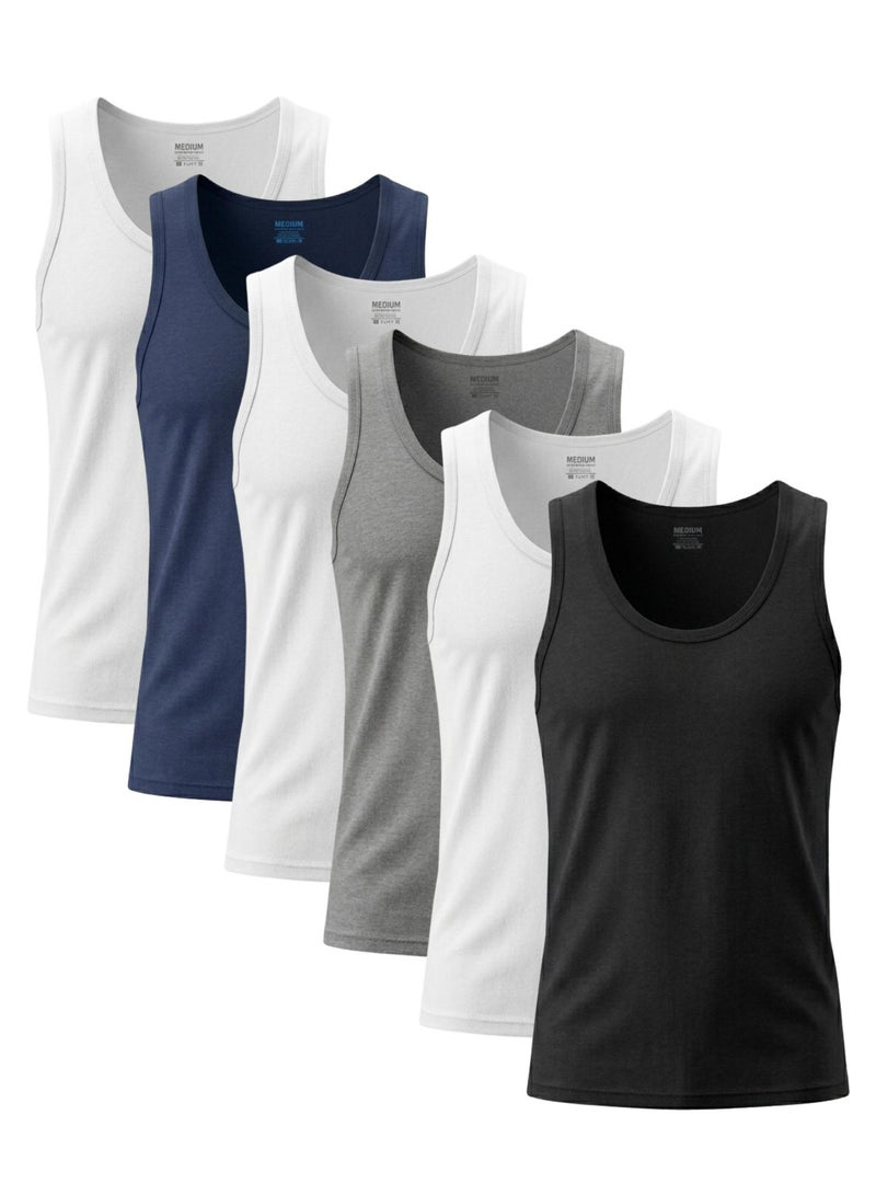 Dice Men's 100% Cotton Tank Tops 6-Pack, Multicolour, Sleeveless Undershirts, White, Black, Navy, Grey - Image 1