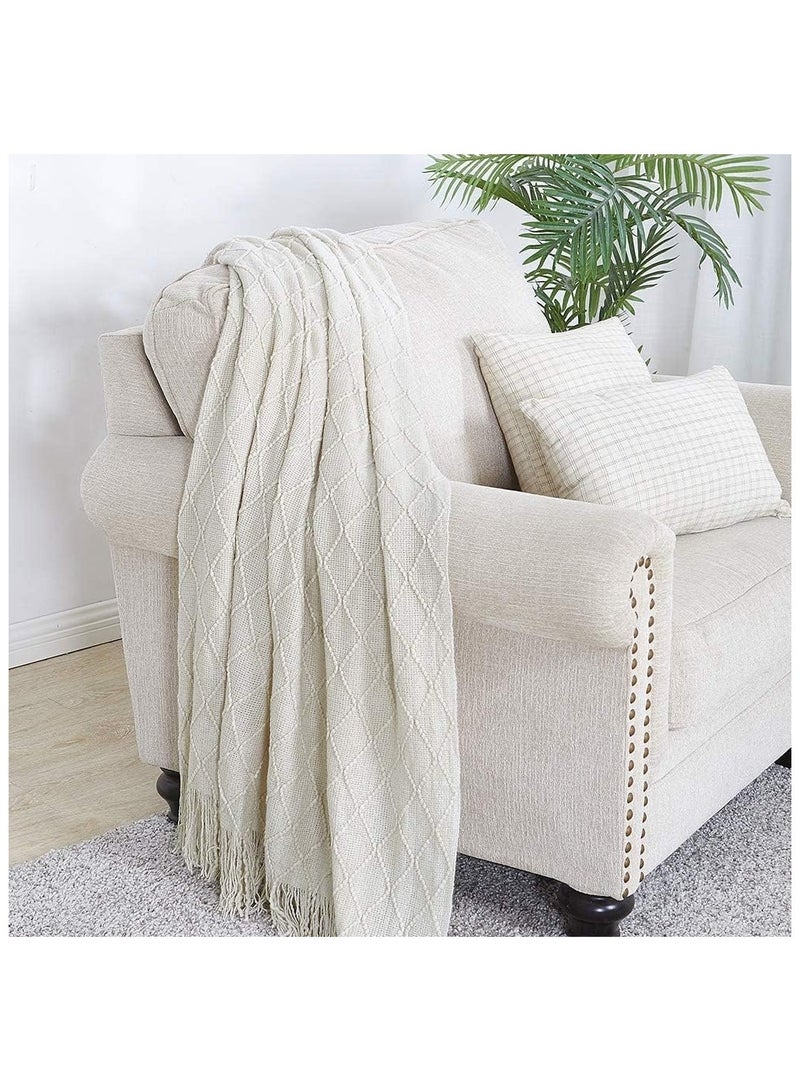 Knitted Throw Blankets, Lightweight Soft Throw Blanket for Couch, Woven Throw Blanket with Tassels Suitable for Bed, Sofa, Travel All Seasons for Women, Men and Kids (130x 170CM, Off white) - Image 2