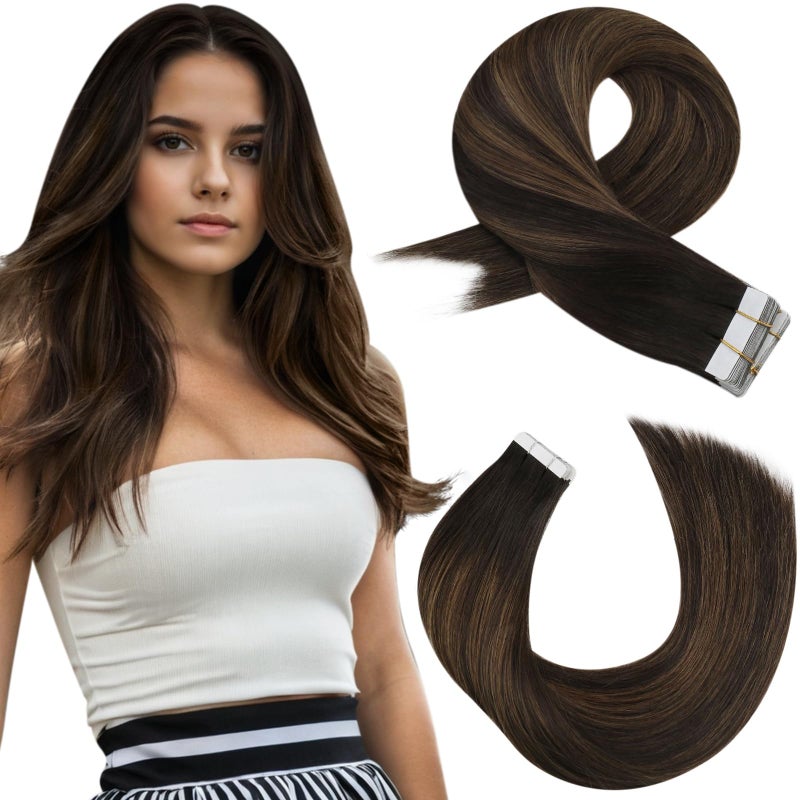 Moresoo Ombre Tape in Extensions Human Hair Seamless Hair Extensions Tape in Balayage Darkest Brown Mix with Medium Brown Glue in Extensions Real Human Hair Ombre 14 Inch #2/6/2 20pcs 50g - Image 1