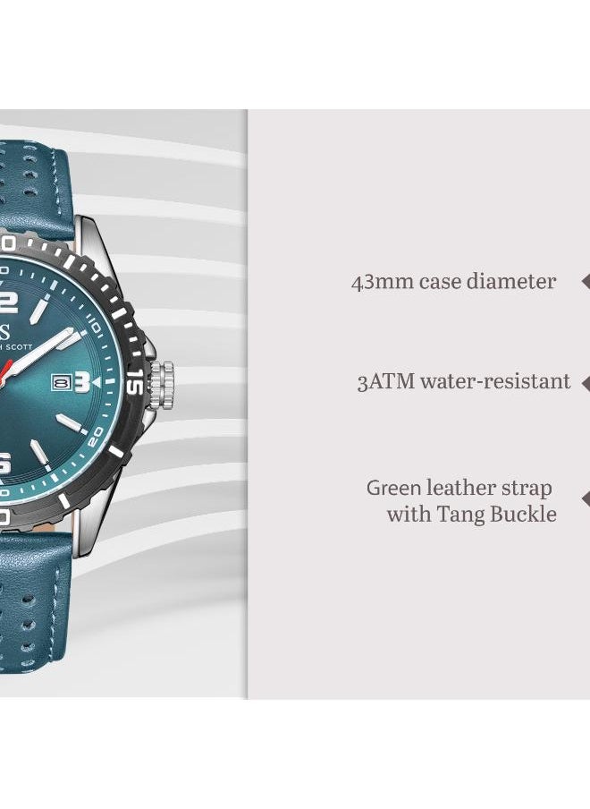 KENNETH SCOTT - Kenneth Scott K24022-QLGG Men's Analog Display Watch & Leather  Strap Green - Image 1