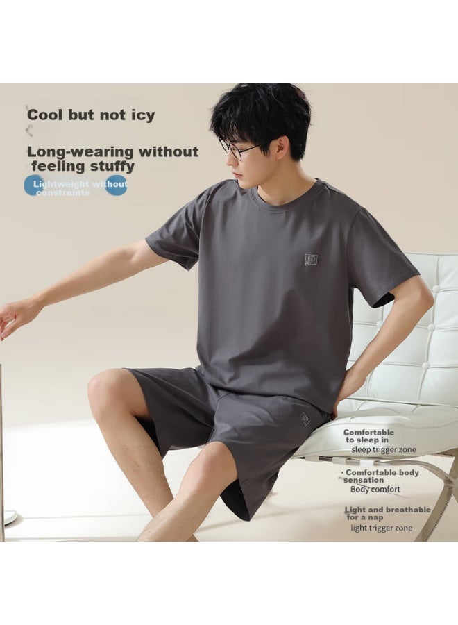 LANG SHA Langsha Men's Ice Silk Cool Feeling Plus Size 220 Pounds Casual Simple Round Neck Short Sleeve Home Wear Set - Image 4