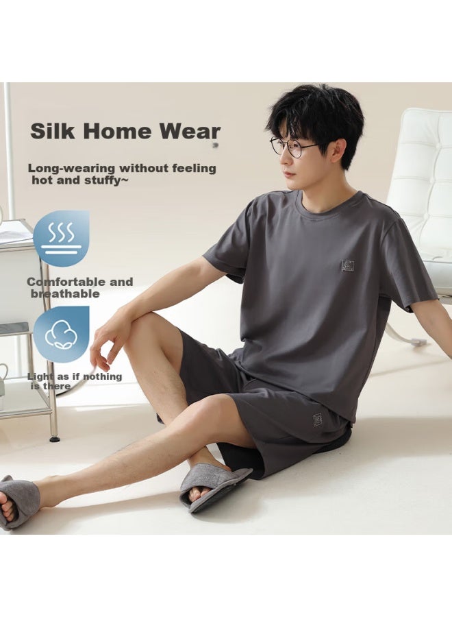 LANG SHA Langsha Men's Ice Silk Cool Feeling Plus Size 220 Pounds Casual Simple Round Neck Short Sleeve Home Wear Set - Image 3