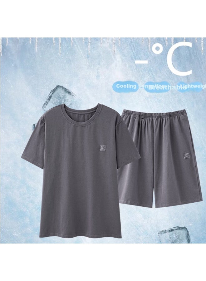LANG SHA Langsha Men's Ice Silk Cool Feeling Plus Size 220 Pounds Casual Simple Round Neck Short Sleeve Home Wear Set - Image 1