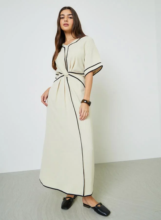 تايك تو Beige Contrast Trims Gathered Waist A-Line Maxi Dress