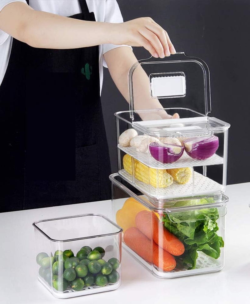 SANNO Vegetable Fruit Storage Containers, Food Storage Containers Fridge Produce Save, Stackable Refrigerator Organizer Keeper Drawers Bins Baskets with Lids and Removable Drain Tray - Image 4