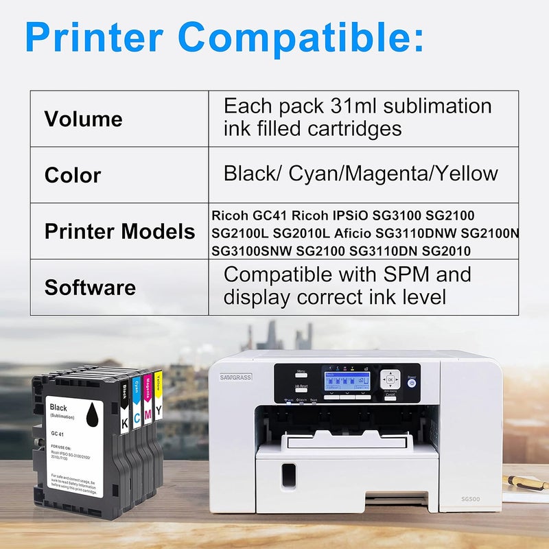 Aomya 4 Pack GC41 Sublimation Ink Cartridge Heat Transfer Compatible for Ricoh GC41 for Ricoh IPSiO SG3100 SG2100 SG2100L SG2010L Aficio SG3110DNW SG2100N SG3100SNW SG2100 SG3110DN SG2010 - Image 2