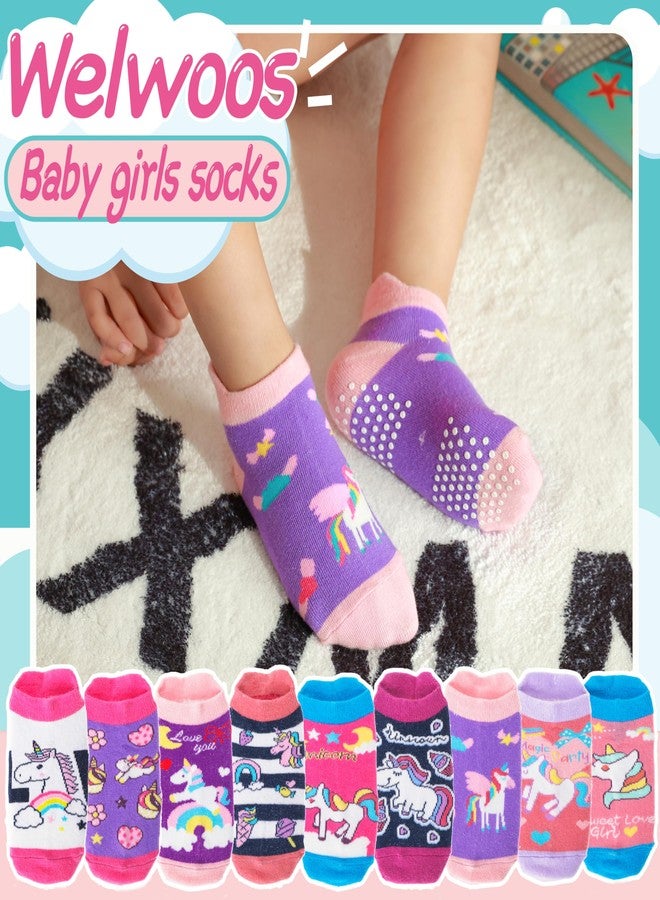 Welwoos Stopper Socks Children Baby Girls Non-Slip Short Unicorn Cotton Toddler Socks 9 Pairs, Purple Unicorn, 22-24 - Image 2