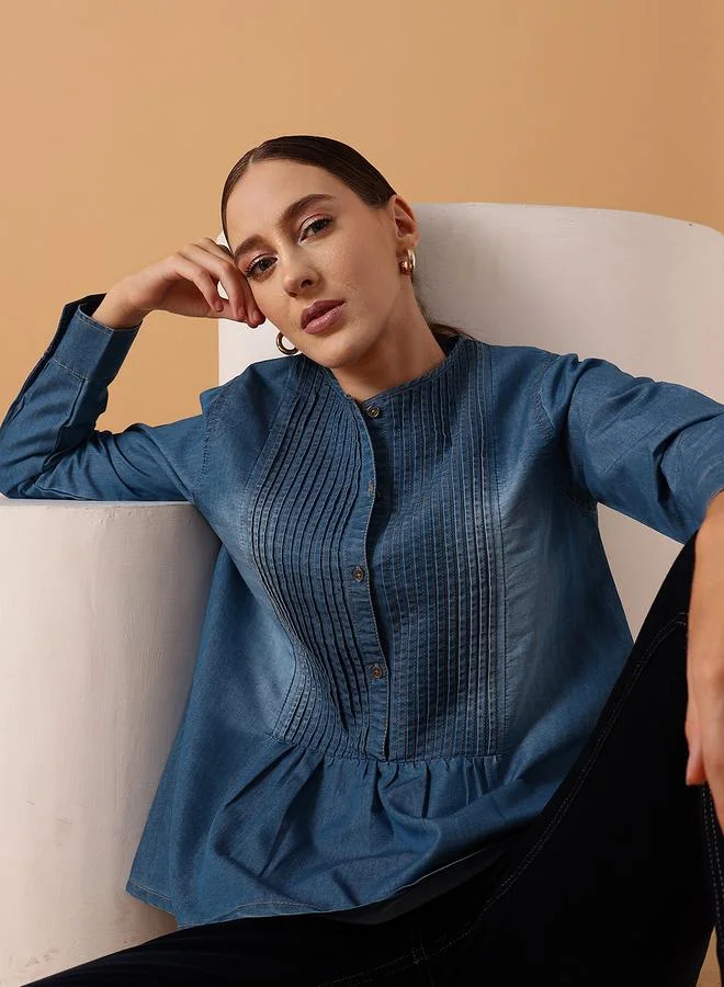 STREET 9 بلوزة قطنية نسائية من الدنيم باللون الأزرق مع ثنيات من ستريت