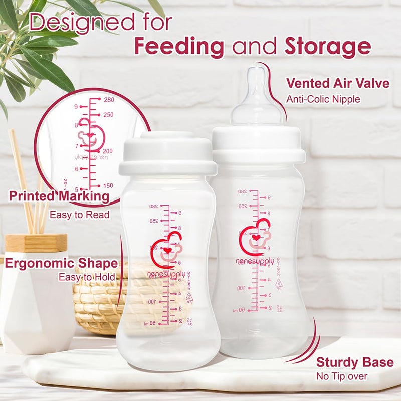 Nenesupply Feeding and Storage Bottles Collection for Spectra S1 S2 Motif Luna Breast Pumps 2 pc 9oz 280ml with Sealing Disc Anti Colic Feeding Breastmilk Storage Replace Spectra Bottles - Image 2