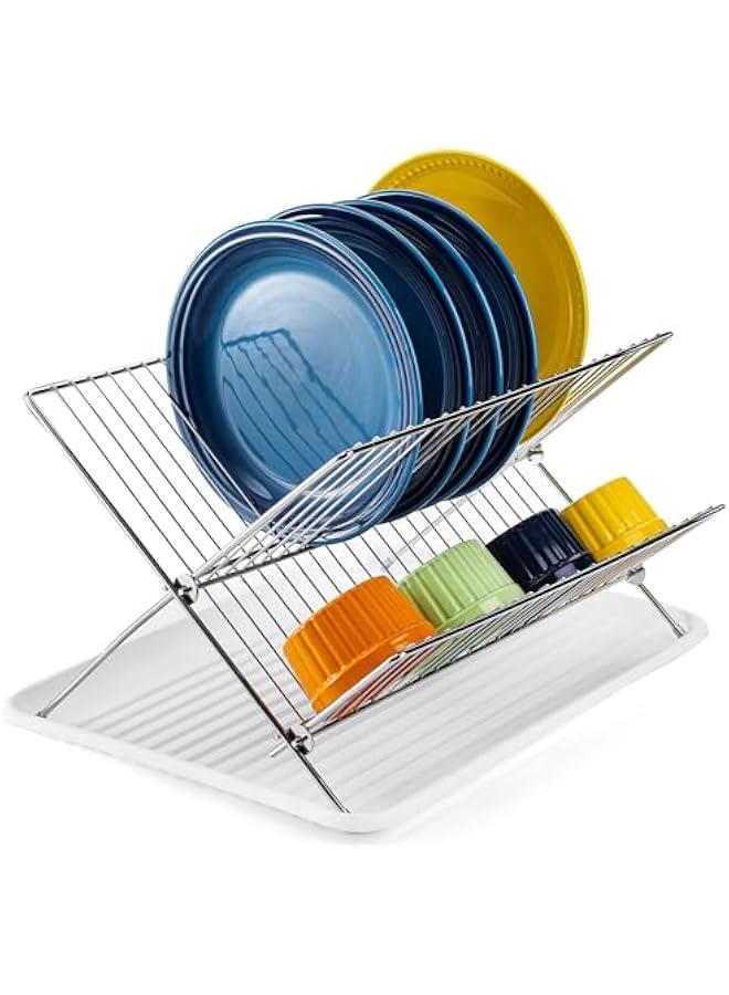 هوكور Toriseek 2 Tier Foldable Dish Drying Rack with Drip Tray, Stainless Steel Dish Drainer Rack, Collapsible Dish Drainer, Folding Dish Rack for Kitchen Sink, Countertop, Cutlery, Plates, Dishes - Image 1