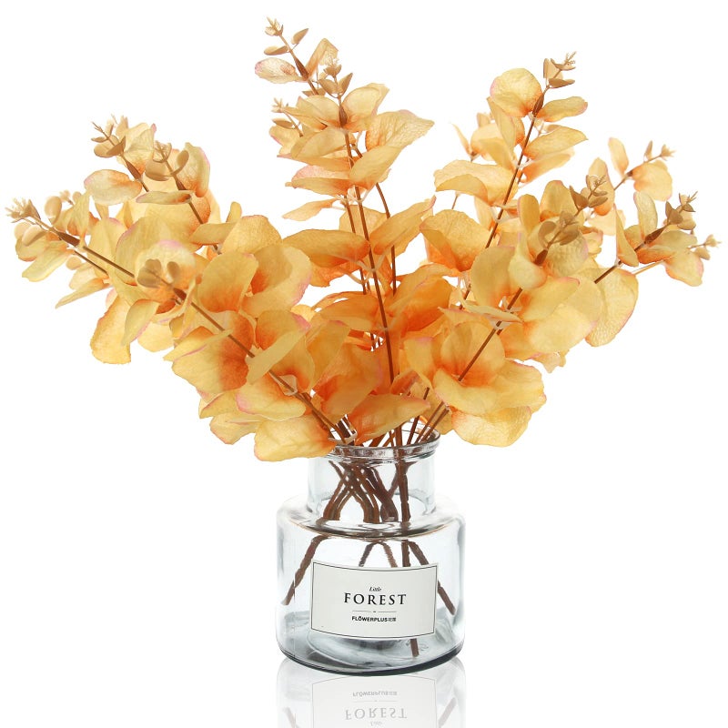 Tinsow Artificial Eucalyptus Stems Orange Real Touch Leaf Branches Faux Eucalyptuses Fall Centerpiece Halloween Thanksgiving Harvest Home Decor (Orange  5) - Image 1