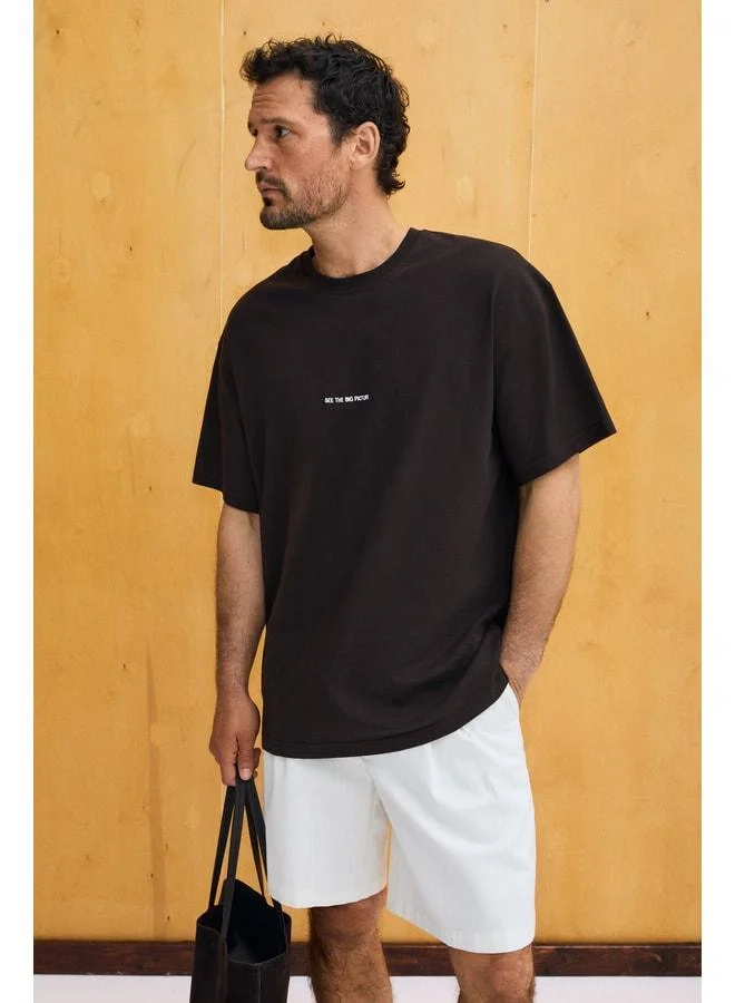 Grimelange RIVER Men's Oversize Fit Loose Cut Embroidered Basic Knit Brown T-Shirt.