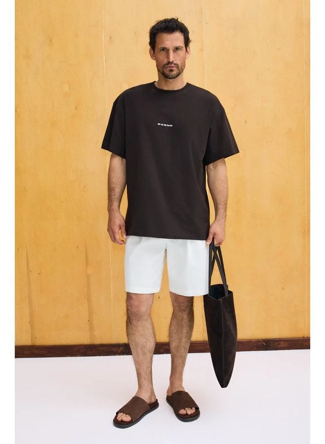 Grimelange RIVER Men's Oversize Fit Loose Cut Embroidered Basic Knit Brown T-Shirt.