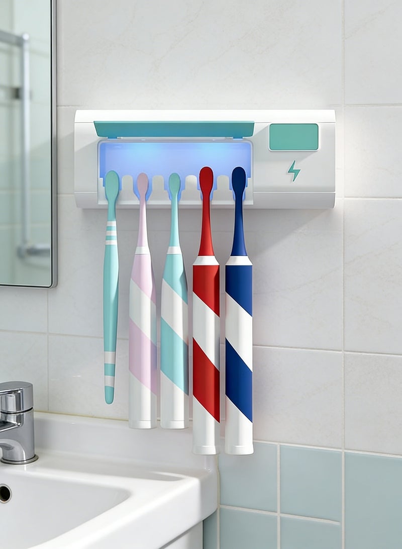 Wall Mounted Electric Toothbrush Holder for Bathrooms, 5 Slots Toothbrush Organizer with LED Light u0026 6 Min Timed Cleaning, No Drill Rustproof Dustproof Bathroom Vanity Accessory (Green) - Image 1