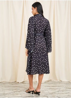 Styli Polka Dot Print Pleated Cape Sleeves Shirt Midi Dress  - Image 4