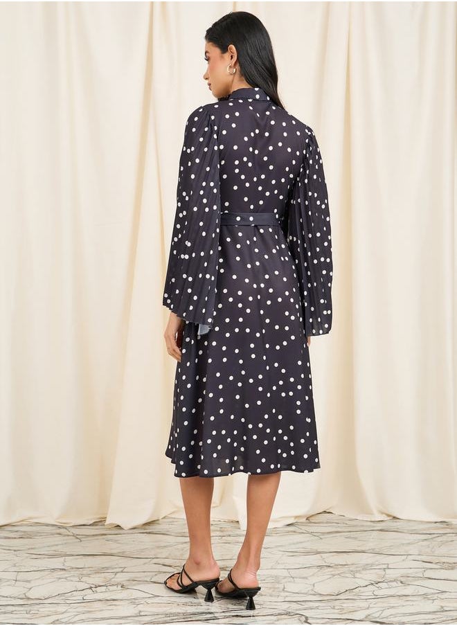 Styli - Polka Dot Print Pleated Cape Sleeves Shirt Midi Dress - Image 1