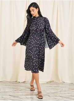 Styli Polka Dot Print Pleated Cape Sleeves Shirt Midi Dress  - Image 1
