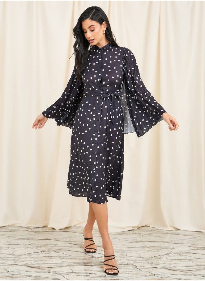 Styli - Polka Dot Print Pleated Cape Sleeves Shirt Midi Dress - Image 1