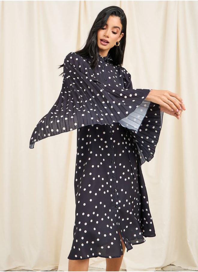 Styli - Polka Dot Print Pleated Cape Sleeves Shirt Midi Dress - Image 1