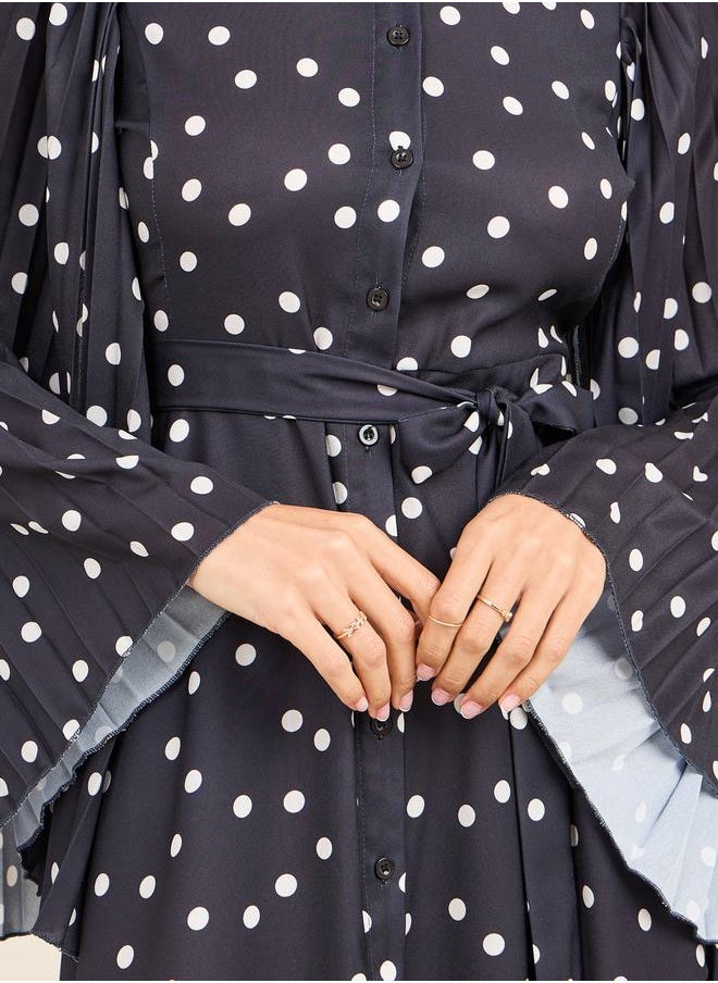 Styli - Polka Dot Print Pleated Cape Sleeves Shirt Midi Dress - Image 1
