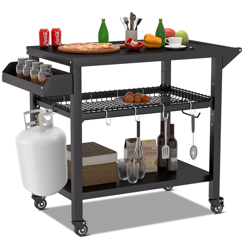 Spurgehom Spurgehom Grill Cart Pizza Oven Stand Table with Wheels Outdoor Movable Kitchen Cooking Prep Table BBQ Cart with Mesh Racks for Home Party Bar Camping 