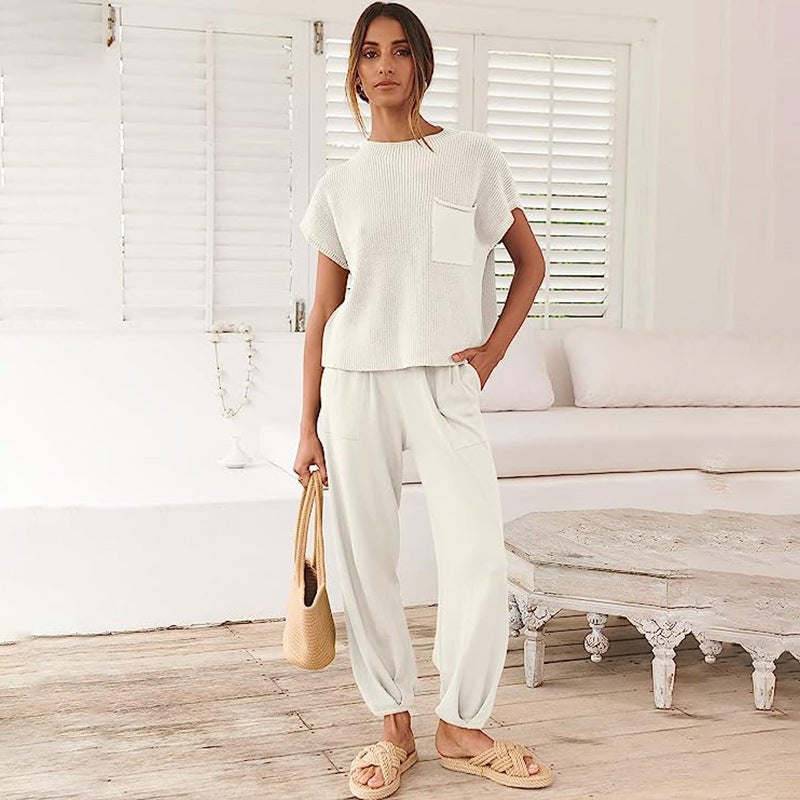 Women's Knit Tracksuit Set - Top and High-Rise Pants - Image 1